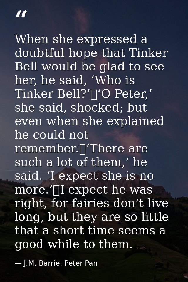 When she expressed a doubtful hope that Tinker Bell would be glad to see her, he said, ‘Who is Tinker Bell?’	‘O Peter,’  — J.M. Barrie, Peter Pan
