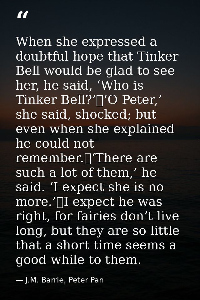 When she expressed a doubtful hope that Tinker Bell would be glad to see her, he said, ‘Who is Tinker Bell?’	‘O Peter,’  — J.M. Barrie, Peter Pan