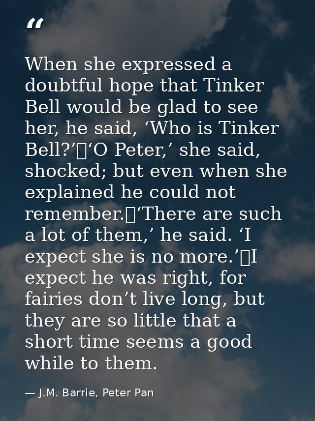 When she expressed a doubtful hope that Tinker Bell would be glad to see her, he said, ‘Who is Tinker Bell?’	‘O Peter,’  — J.M. Barrie, Peter Pan