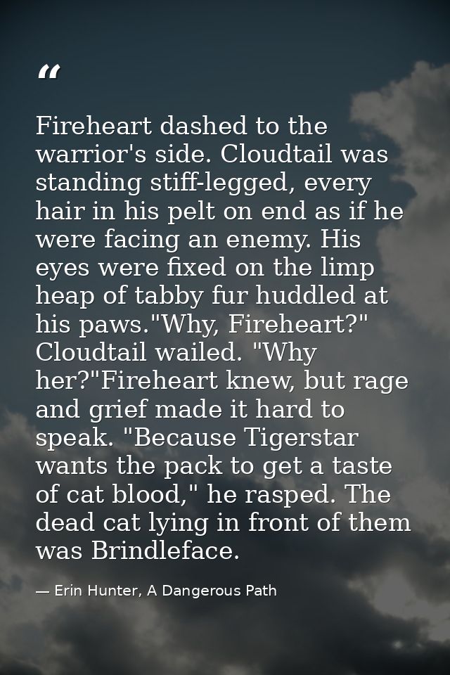 Fireheart dashed to the warrior's side. Cloudtail was standing stiff-legged, every hair in his pelt on end as if he were — Erin Hunter, A Dangerous Path