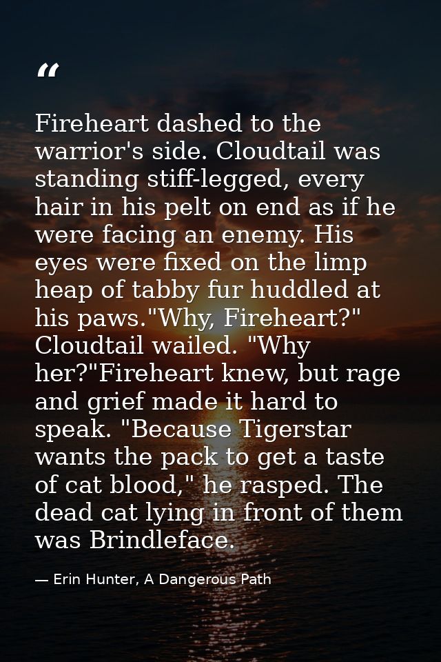 Fireheart dashed to the warrior's side. Cloudtail was standing stiff-legged, every hair in his pelt on end as if he were — Erin Hunter, A Dangerous Path