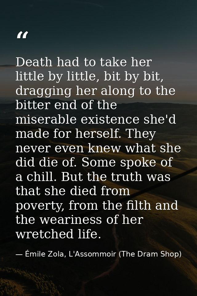 Death had to take her little by little, bit by bit, dragging her along to the bitter end of the miserable existence she' — Émile Zola, L'Assommoir (The Dram Shop)