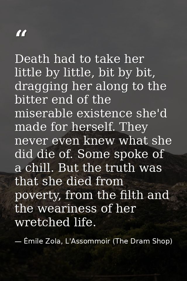 Death had to take her little by little, bit by bit, dragging her along to the bitter end of the miserable existence she' — Émile Zola, L'Assommoir (The Dram Shop)