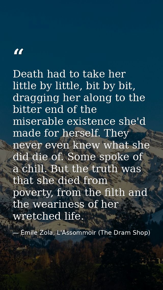Death had to take her little by little, bit by bit, dragging her along to the bitter end of the miserable existence she' — Émile Zola, L'Assommoir (The Dram Shop)