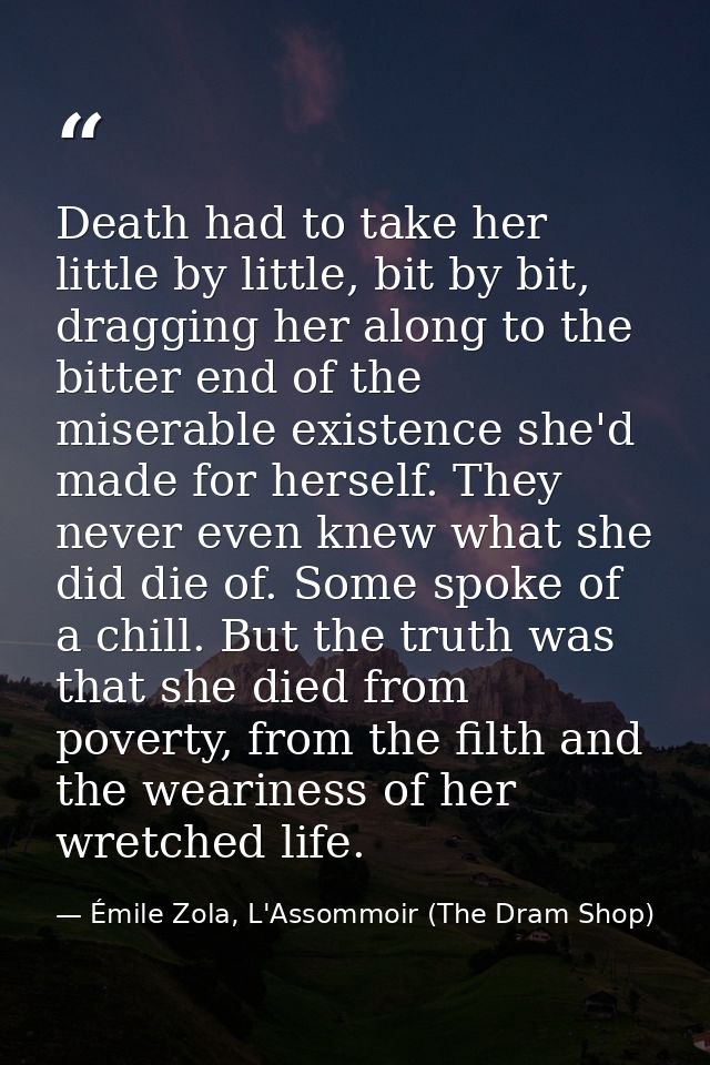 Death had to take her little by little, bit by bit, dragging her along to the bitter end of the miserable existence she' — Émile Zola, L'Assommoir (The Dram Shop)