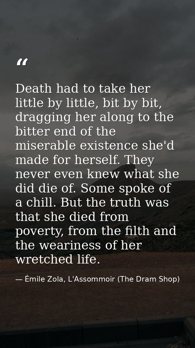 Death had to take her little by little, bit by bit, dragging her along to the bitter end of the miserable existence she' — Émile Zola, L'Assommoir (The Dram Shop)