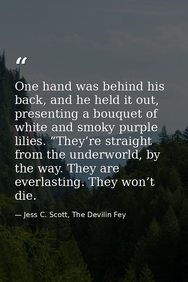 One hand was behind his back, and he held it out, presenting a bouquet of white and smoky purple lilies. “They’re straig — Jess C. Scott, The Devilin Fey