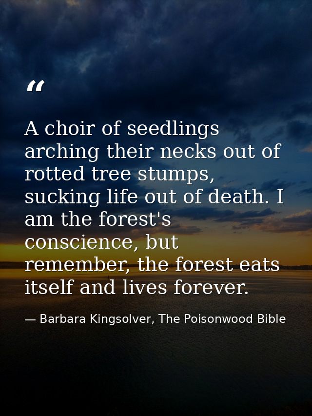 A choir of seedlings arching their necks out of rotted tree stumps, sucking life out of death. I am the forest's conscie — Barbara Kingsolver, The Poisonwood Bible