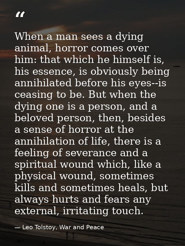 When a man sees a dying animal, horror comes over him: that which he himself is, his essence, is obviously being annihil — Leo Tolstoy, War and Peace