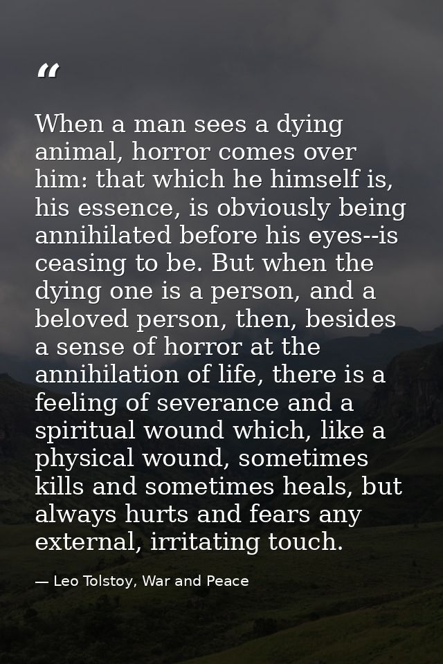 When a man sees a dying animal, horror comes over him: that which he himself is, his essence, is obviously being annihil — Leo Tolstoy, War and Peace
