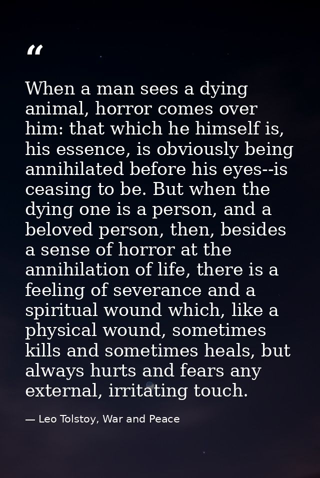 When a man sees a dying animal, horror comes over him: that which he himself is, his essence, is obviously being annihil — Leo Tolstoy, War and Peace