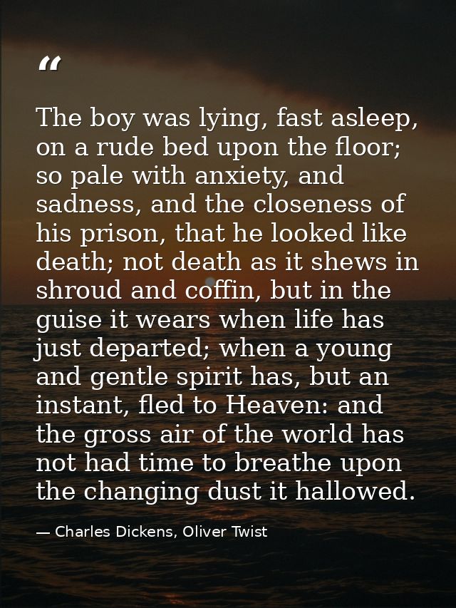 The boy was lying, fast asleep, on a rude bed upon the floor; so pale with anxiety, and sadness, and the closeness of hi — Charles Dickens, Oliver Twist