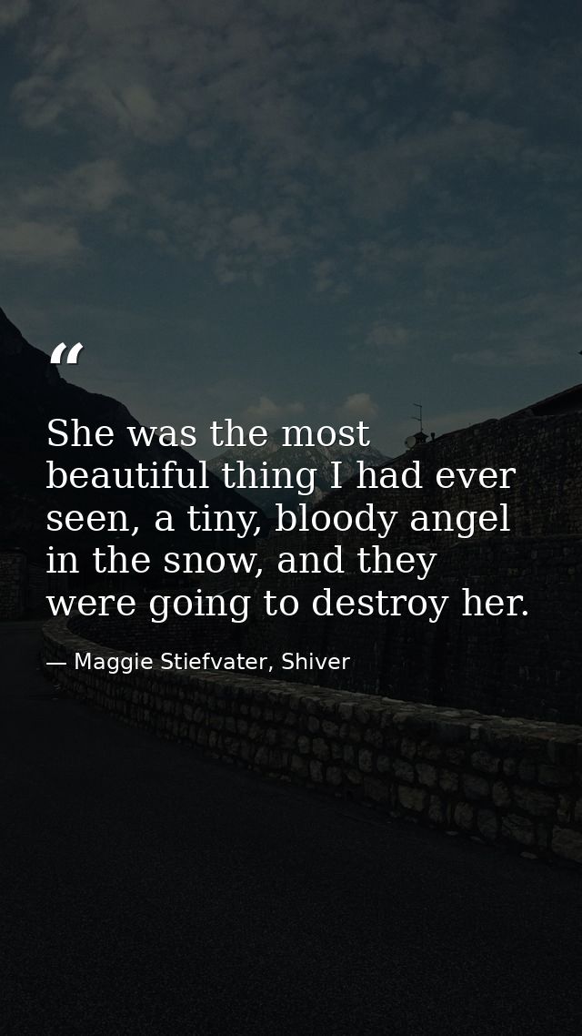 She was the most beautiful thing I had ever seen, a tiny, bloody angel in the snow, and they were going to destroy her. — Maggie Stiefvater, Shiver