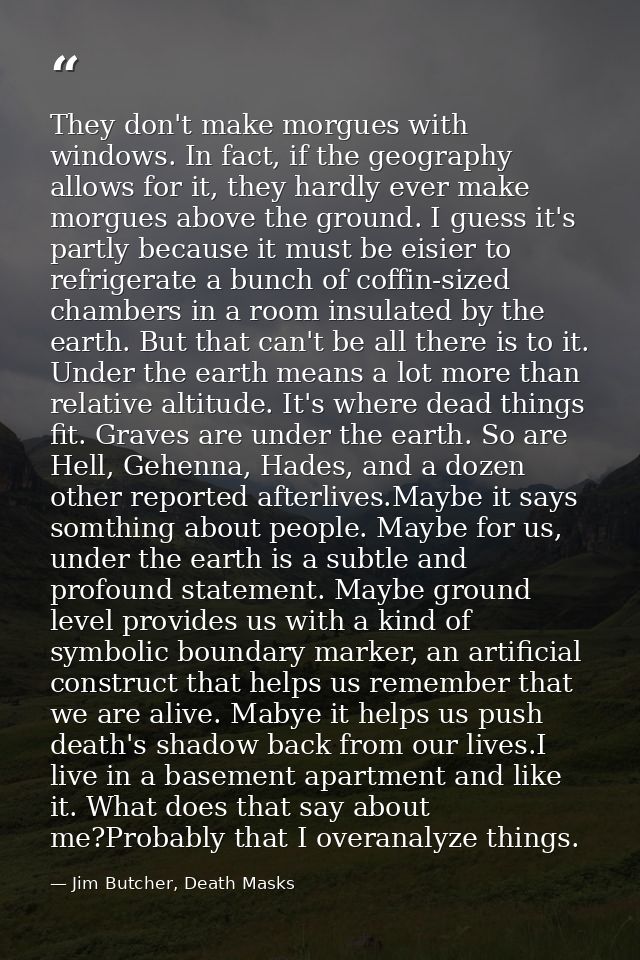 They don't make morgues with windows. In fact, if the geography allows for it, they hardly ever make morgues above the g — Jim Butcher, Death Masks