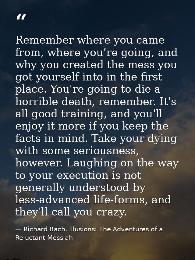 Remember where you came from, where you’re going, and why you created the mess you got yourself into in the first place. — Richard Bach, Illusions: The Adventures of a Reluctant Messiah