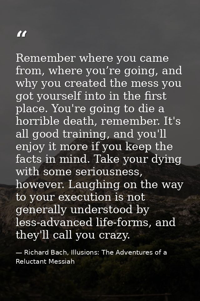 Remember where you came from, where you’re going, and why you created the mess you got yourself into in the first place. — Richard Bach, Illusions: The Adventures of a Reluctant Messiah