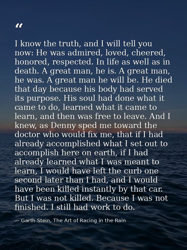 I know the truth, and I will tell you now: He was admired, loved, cheered, honored, respected. In life as well as in dea — Garth Stein, The Art of Racing in the Rain