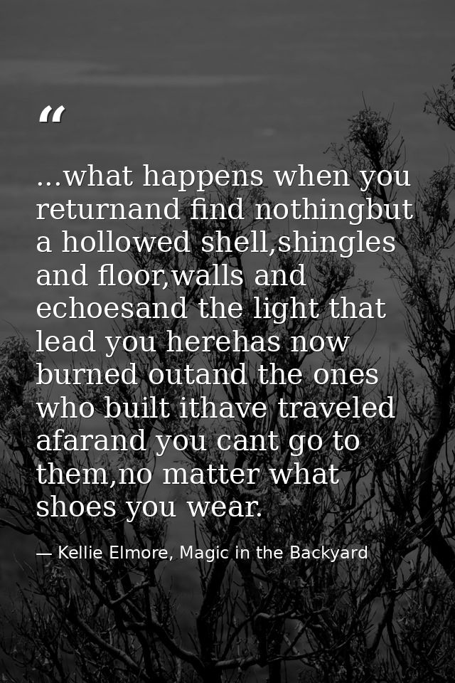 ...what happens when you returnand find nothingbut a hollowed shell,shingles and floor,walls and echoesand the light tha — Kellie Elmore, Magic in the Backyard