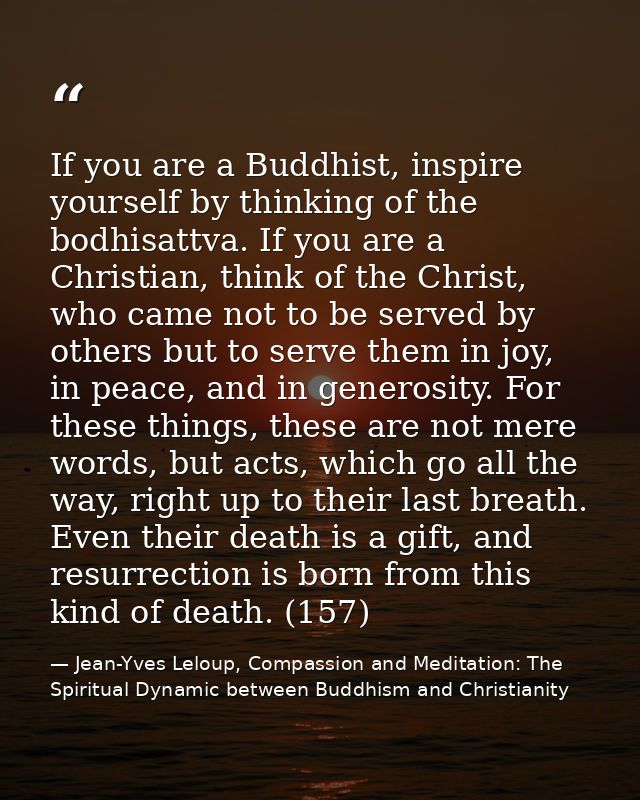 If you are a Buddhist, inspire yourself by thinking of the bodhisattva. If you are a Christian, think of the Christ, who — Jean-Yves Leloup, Compassion and Meditation: The Spiritual Dynamic between Buddhism and Christianity