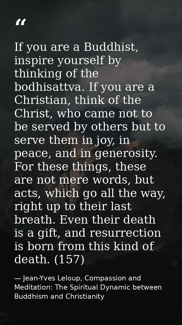 If you are a Buddhist, inspire yourself by thinking of the bodhisattva. If you are a Christian, think of the Christ, who — Jean-Yves Leloup, Compassion and Meditation: The Spiritual Dynamic between Buddhism and Christianity