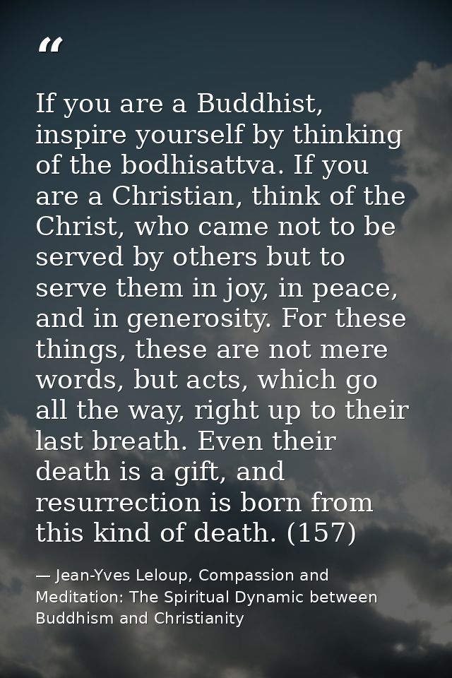 If you are a Buddhist, inspire yourself by thinking of the bodhisattva. If you are a Christian, think of the Christ, who — Jean-Yves Leloup, Compassion and Meditation: The Spiritual Dynamic between Buddhism and Christianity