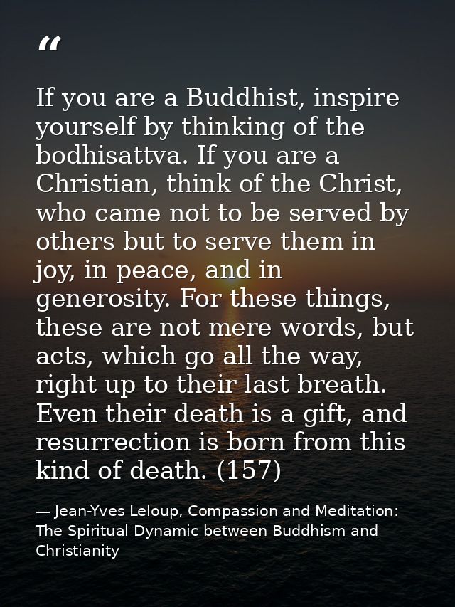 If you are a Buddhist, inspire yourself by thinking of the bodhisattva. If you are a Christian, think of the Christ, who — Jean-Yves Leloup, Compassion and Meditation: The Spiritual Dynamic between Buddhism and Christianity