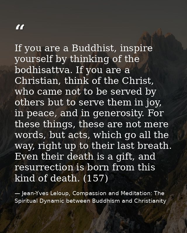 If you are a Buddhist, inspire yourself by thinking of the bodhisattva. If you are a Christian, think of the Christ, who — Jean-Yves Leloup, Compassion and Meditation: The Spiritual Dynamic between Buddhism and Christianity