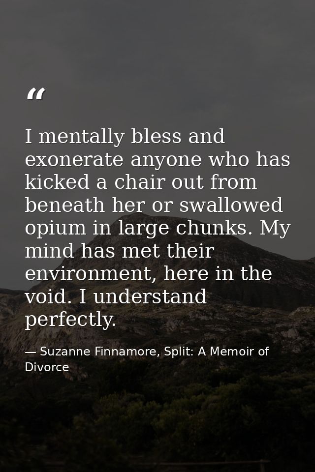 I mentally bless and exonerate anyone who has kicked a chair out from beneath her or swallowed opium in large chunks. My — Suzanne Finnamore, Split: A Memoir of Divorce