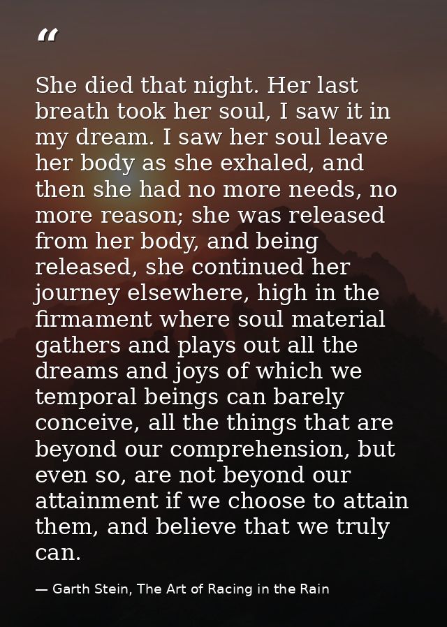 She died that night. Her last breath took her soul, I saw it in my dream. I saw her soul leave her body as she exhaled,  — Garth Stein, The Art of Racing in the Rain