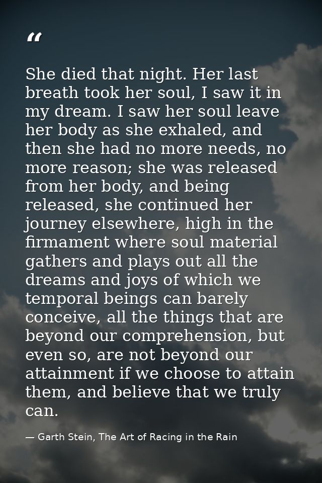 She died that night. Her last breath took her soul, I saw it in my dream. I saw her soul leave her body as she exhaled,  — Garth Stein, The Art of Racing in the Rain