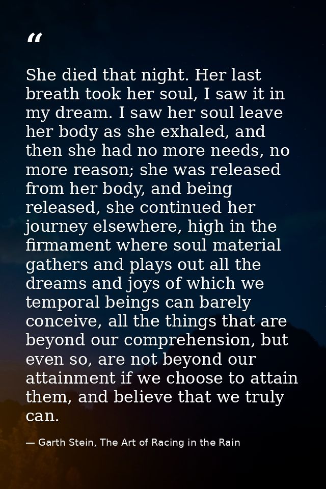 She died that night. Her last breath took her soul, I saw it in my dream. I saw her soul leave her body as she exhaled,  — Garth Stein, The Art of Racing in the Rain