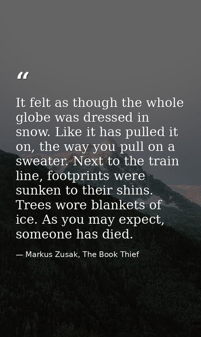 It felt as though the whole globe was dressed in snow. Like it has pulled it on, the way you pull on a sweater. Next to  — Markus Zusak, The Book Thief