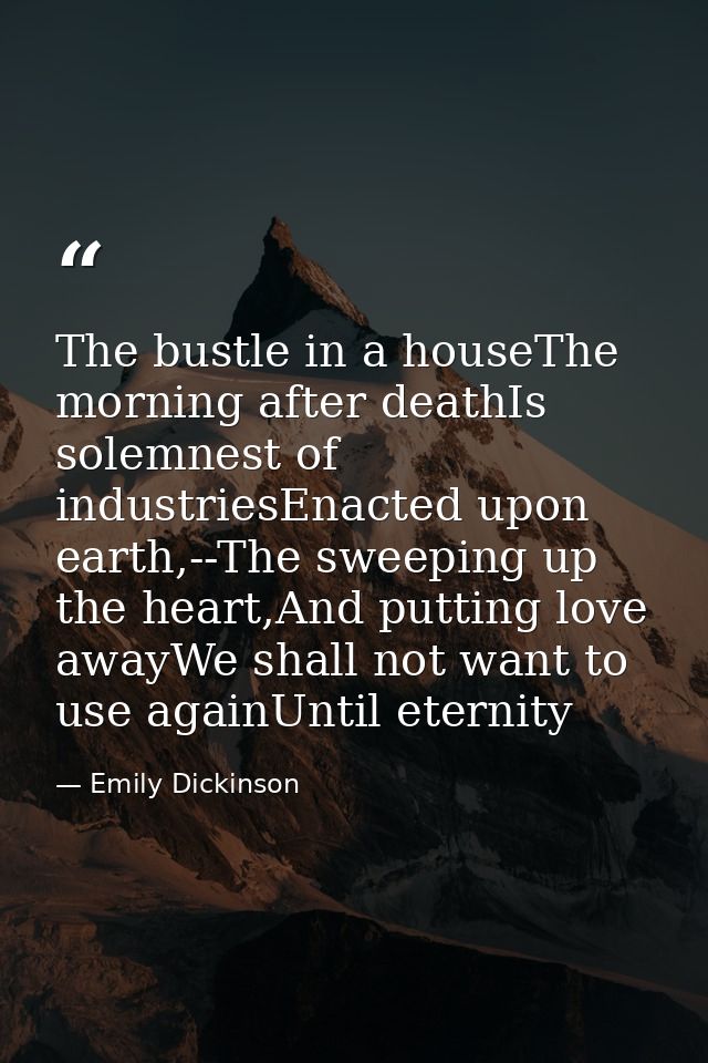 The bustle in a houseThe morning after deathIs solemnest of industriesEnacted upon earth,--The sweeping up the heart,And — Emily Dickinson