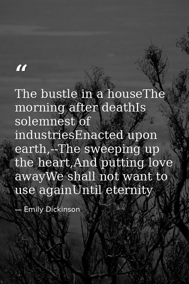 The bustle in a houseThe morning after deathIs solemnest of industriesEnacted upon earth,--The sweeping up the heart,And — Emily Dickinson