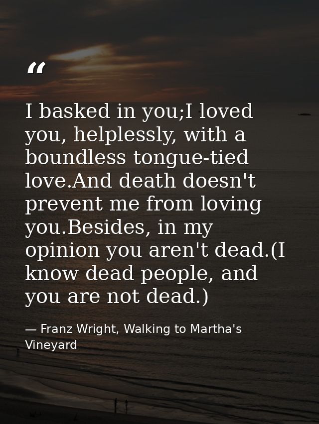 I basked in you;I loved you, helplessly, with a boundless tongue-tied love.And death doesn't prevent me from loving you. — Franz Wright, Walking to Martha's Vineyard