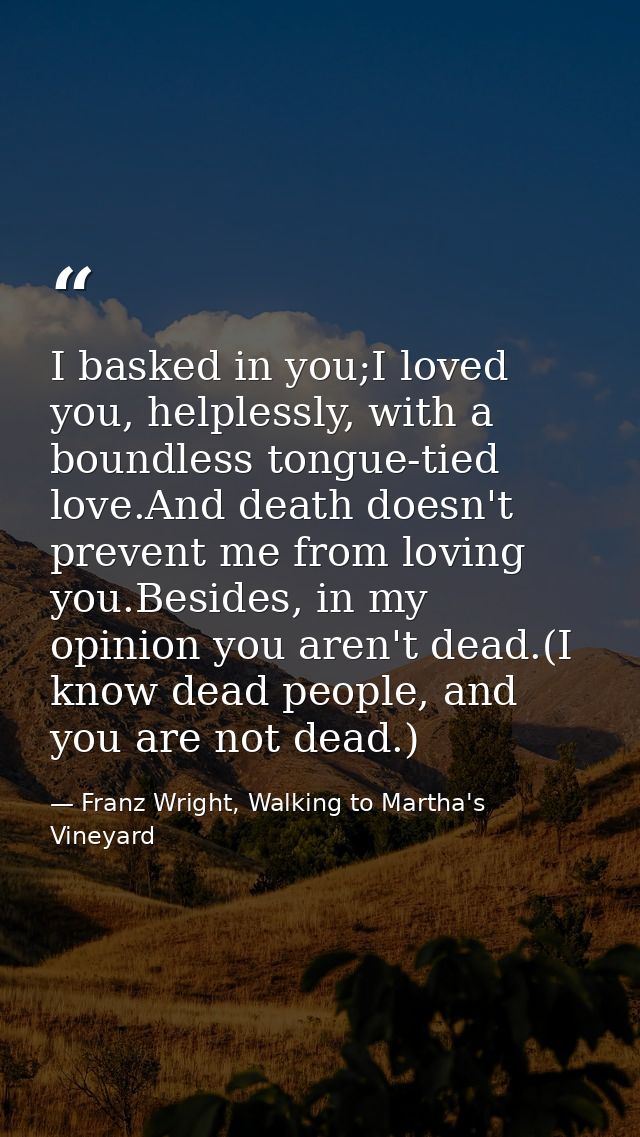 I basked in you;I loved you, helplessly, with a boundless tongue-tied love.And death doesn't prevent me from loving you. — Franz Wright, Walking to Martha's Vineyard