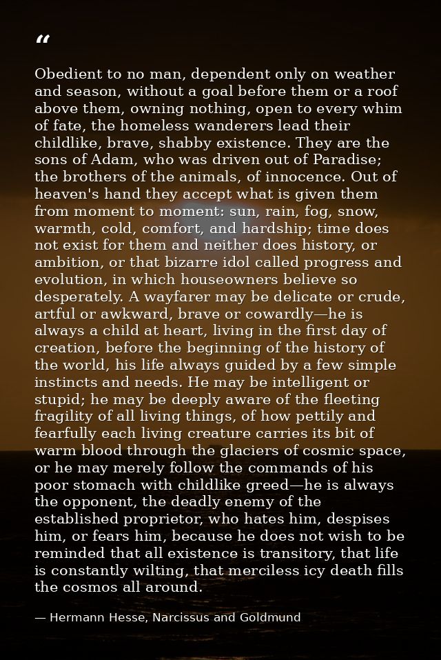 Obedient to no man, dependent only on weather and season, without a goal before them or a roof above them, owning nothin — Hermann Hesse, Narcissus and Goldmund