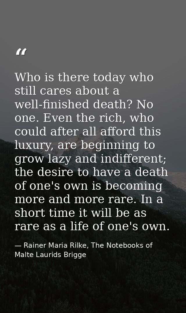 Who is there today who still cares about a well-finished death? No one. Even the rich, who could after all afford this l — Rainer Maria Rilke, The Notebooks of Malte Laurids Brigge