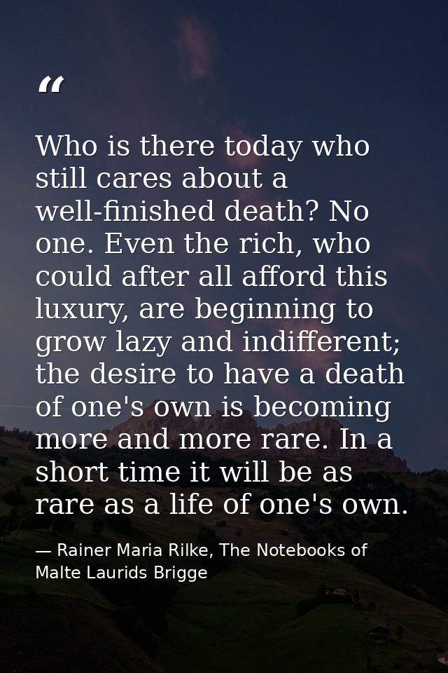 Who is there today who still cares about a well-finished death? No one. Even the rich, who could after all afford this l — Rainer Maria Rilke, The Notebooks of Malte Laurids Brigge