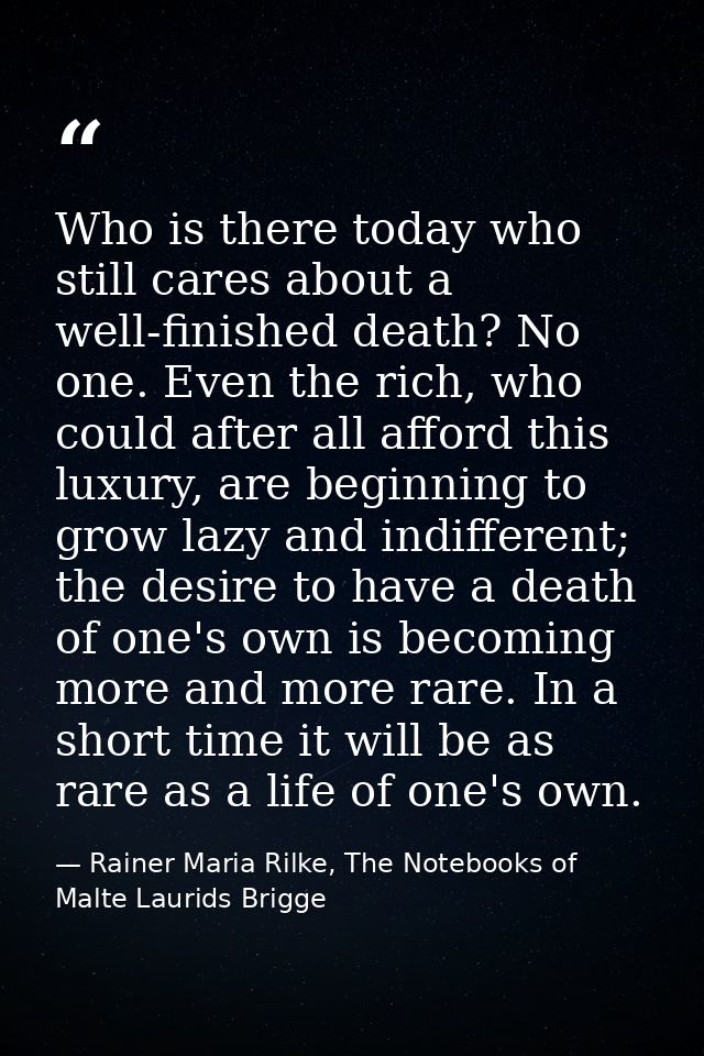 Who is there today who still cares about a well-finished death? No one. Even the rich, who could after all afford this l — Rainer Maria Rilke, The Notebooks of Malte Laurids Brigge