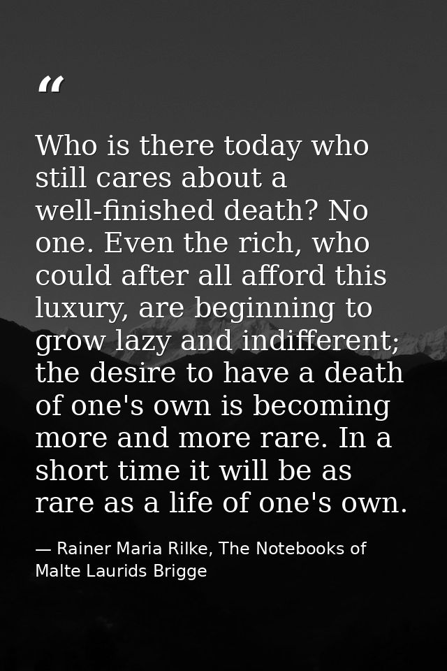 Who is there today who still cares about a well-finished death? No one. Even the rich, who could after all afford this l — Rainer Maria Rilke, The Notebooks of Malte Laurids Brigge