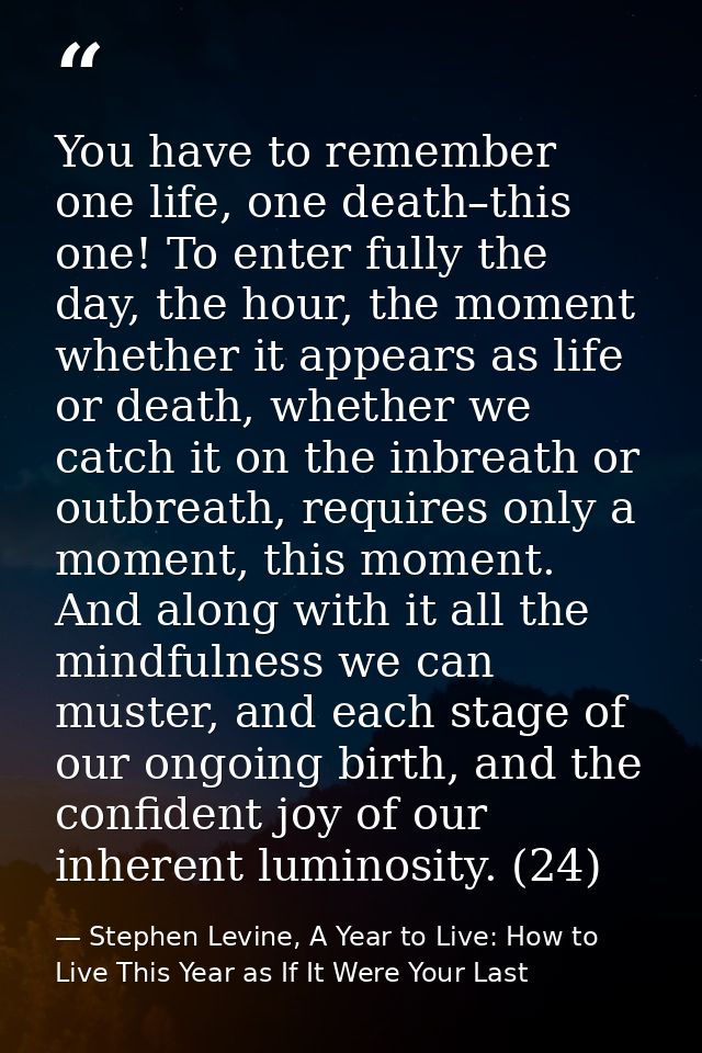 You have to remember one life, one death–this one! To enter fully the day, the hour, the moment whether it appears as li — Stephen Levine, A Year to Live: How to Live This Year as If It Were Your Last