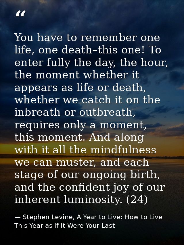 You have to remember one life, one death–this one! To enter fully the day, the hour, the moment whether it appears as li — Stephen Levine, A Year to Live: How to Live This Year as If It Were Your Last