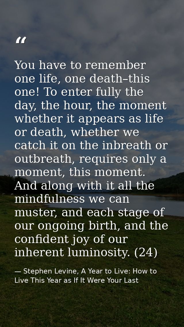 You have to remember one life, one death–this one! To enter fully the day, the hour, the moment whether it appears as li — Stephen Levine, A Year to Live: How to Live This Year as If It Were Your Last