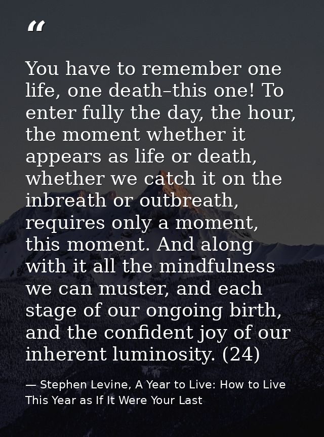You have to remember one life, one death–this one! To enter fully the day, the hour, the moment whether it appears as li — Stephen Levine, A Year to Live: How to Live This Year as If It Were Your Last