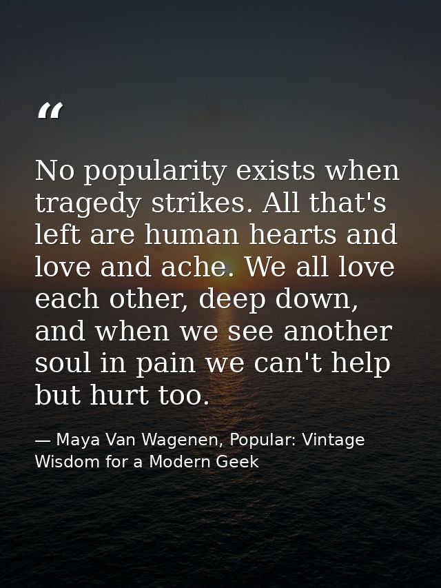 No popularity exists when tragedy strikes. All that's left are human hearts and love and ache. We all love each other, d — Maya Van Wagenen, Popular: Vintage Wisdom for a Modern Geek