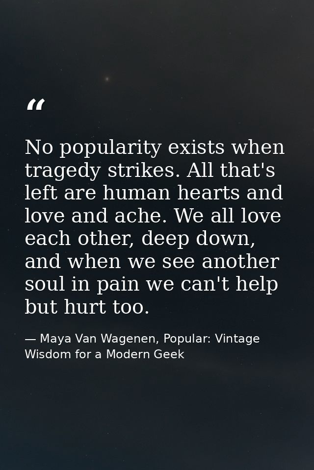 No popularity exists when tragedy strikes. All that's left are human hearts and love and ache. We all love each other, d — Maya Van Wagenen, Popular: Vintage Wisdom for a Modern Geek