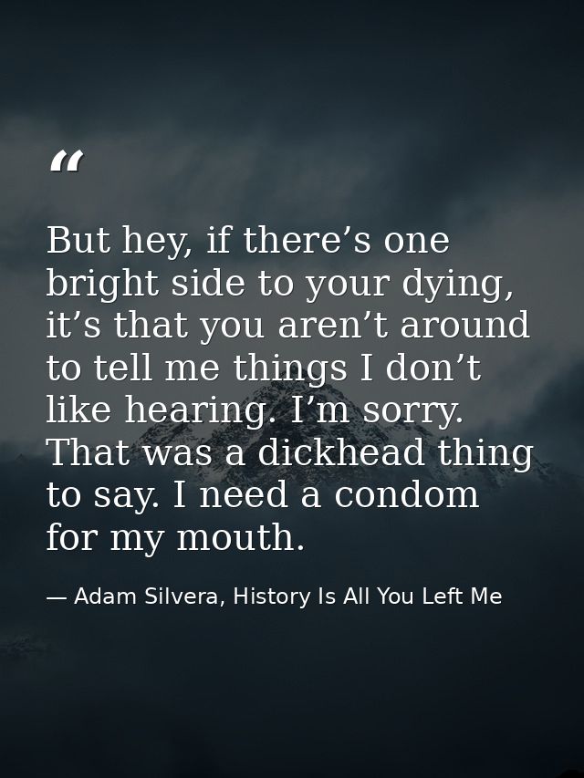 But hey, if there’s one bright side to your dying, it’s that you aren’t around to tell me things I don’t like hearing. I — Adam Silvera, History Is All You Left Me