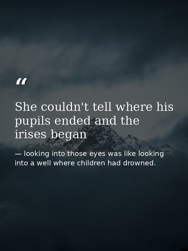 She couldn't tell where his pupils ended and the irises began — looking into those eyes was like looking into a well where children had drowned.