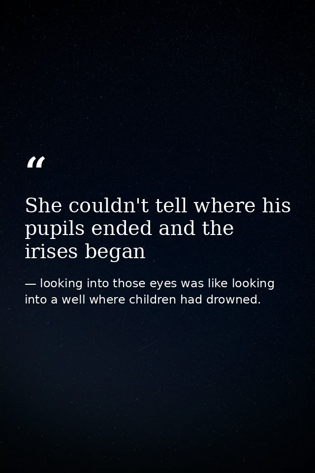 She couldn't tell where his pupils ended and the irises began — looking into those eyes was like looking into a well where children had drowned.